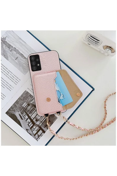 Samsung Galaxy A13 Uyumlu Kılıf Boyun Askılı Deri Kılıf Rose Gold ürün görseli