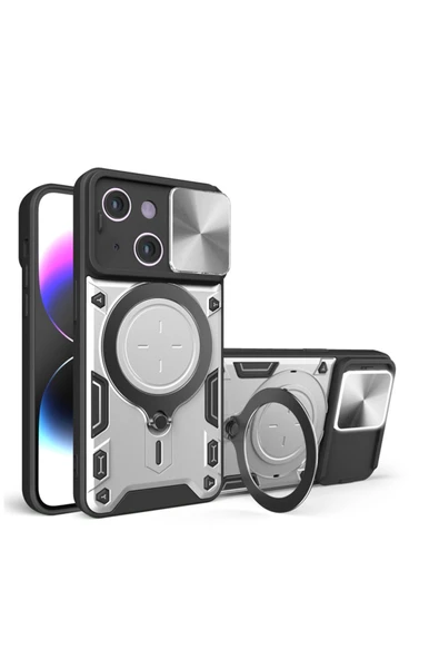 Apple Iphone 15 Uyumlu Kılıf Manyetik Standlı Armor Silikon Kılıf Siyah - Resim 4