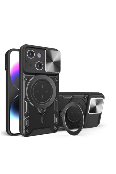 Apple Iphone 15 Uyumlu Kılıf Manyetik Standlı Armor Silikon Kılıf Siyah ürün görseli