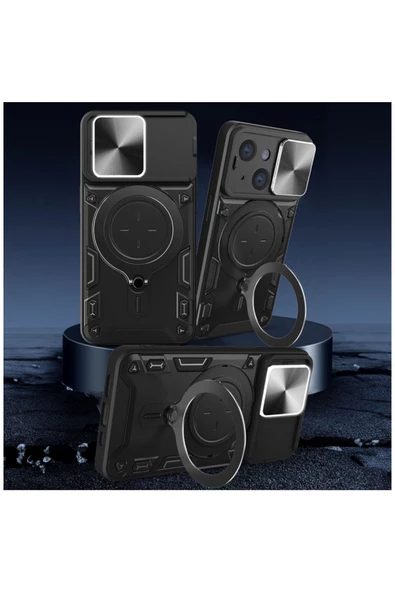 Apple Iphone 15 Uyumlu Kılıf Manyetik Standlı Armor Silikon Kılıf Siyah - Resim 3