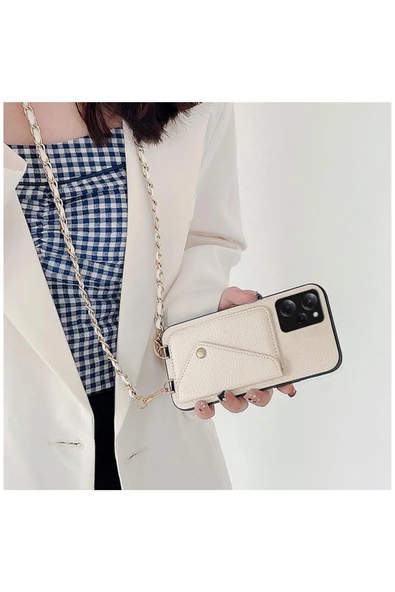 Xiaomi Poco X5 Pro 5g Uyumlu Kılıf Boyun Askılı Deri Kılıf Krem Rengi - Resim 2