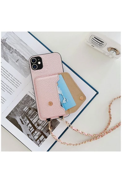 Xiaomi Redmi Note 11 Uyumlu Kılıf Boyun Askılı Deri Kılıf Rose Gold ürün görseli