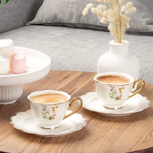 Porsima 101808 Valeria 6 Kişilik Porselen Kahve Fincanı Seti- 12 Parça Yaldızlı Kahve Fincan Takımı