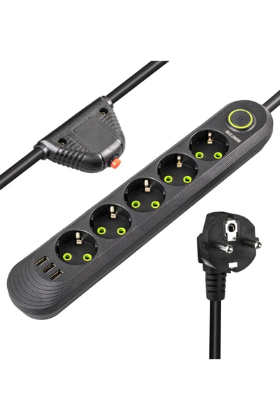 Akım Korumalı 5 'li Grup Priz 3 USB Çıkış 1.5 Metre Kablolu Uzatma Kablosu Isıya Dayanaklı Anahtarlı - 4