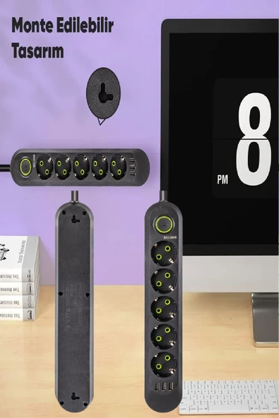 Akım Korumalı 5 'li Grup Priz 3 USB Çıkış 1.5 Metre Kablolu Uzatma Kablosu Isıya Dayanaklı Anahtarlı - 3