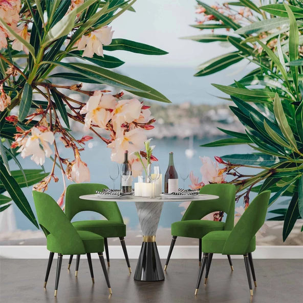 Pembe Çiçek ve Deniz Manzaralı Duvar Kağıdı - Resim 5