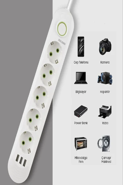 Akım Korumalı 5 'li Grup Priz 3 USB Çıkış 1.5 Metre Kablolu Uzatma Kablosu Isıya Dayanaklı Anahtarlı - 2