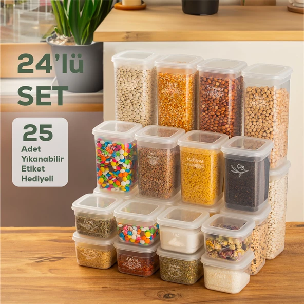 Porsima 433-4 24 lü Kare Etiketli Gıda Erzak Baharat Saklama Kabı Seti 8x(0.60+1.30+1.90) Lt Şeffaf