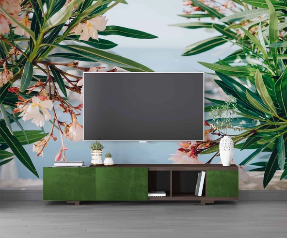 Pembe Çiçek ve Deniz Manzaralı Duvar Kağıdı - Resim 3