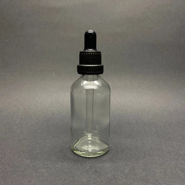 50ml, Şeffaf Cam Şişe, 24 adet, Cam Damlalıklı, Ecza şişesi, Propolis şişesi, Siyah Kapak Siyah Emzik