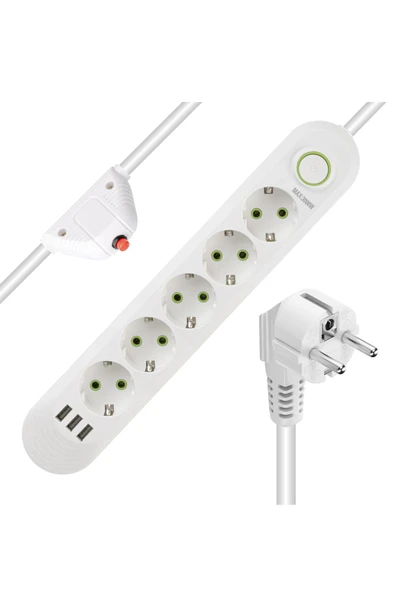 Akım Korumalı 5 'li Grup Priz 3 USB Çıkış 1.5 Metre Kablolu Uzatma Kablosu Isıya Dayanaklı Anahtarlı - 4