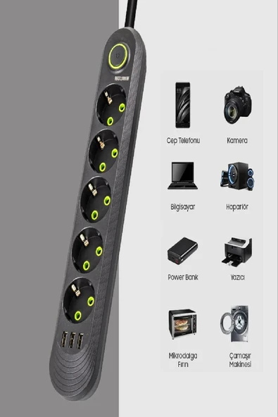 Akım Korumalı 5 'li Grup Priz 3 USB Çıkış 1.5 Metre Kablolu Uzatma Kablosu Isıya Dayanaklı Anahtarlı - 2