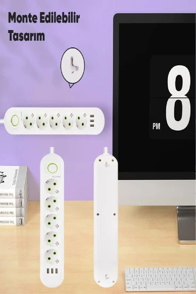 Akım Korumalı 5 'li Grup Priz 3 USB Çıkış 1.5 Metre Kablolu Uzatma Kablosu Isıya Dayanaklı Anahtarlı - 3