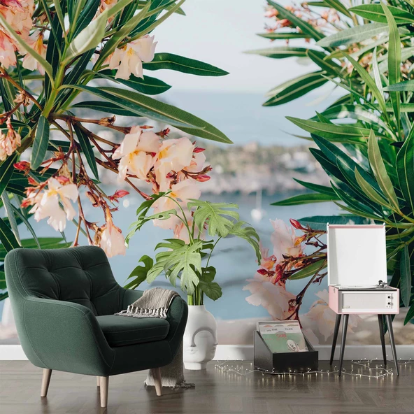 Pembe Çiçek ve Deniz Manzaralı Duvar Kağıdı - Resim 6