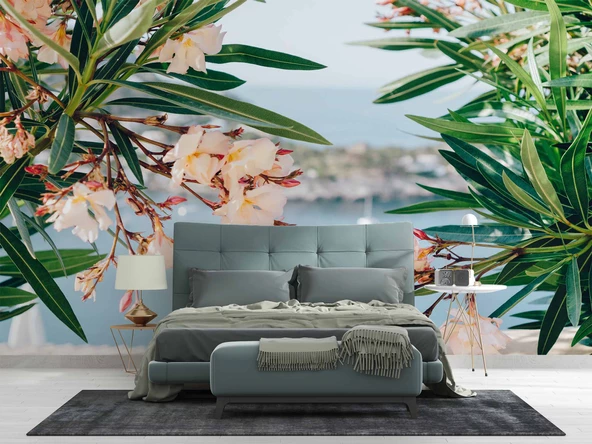 Pembe Çiçek ve Deniz Manzaralı Duvar Kağıdı - Resim 2