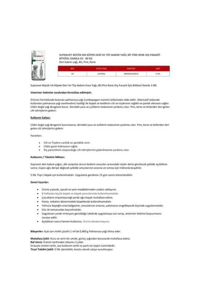 Büyük Irk Köpek Deri ve Tüy Bakım Yağı; Bit, Pire, Kene Dış Asalak Damlası 20-40 kg 5 Ml - 6