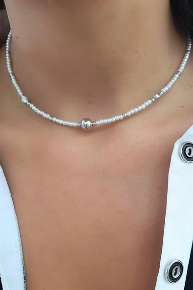 İtalyan 925 Ayar Gümüş Detaylı İnci Kolye ürün görseli