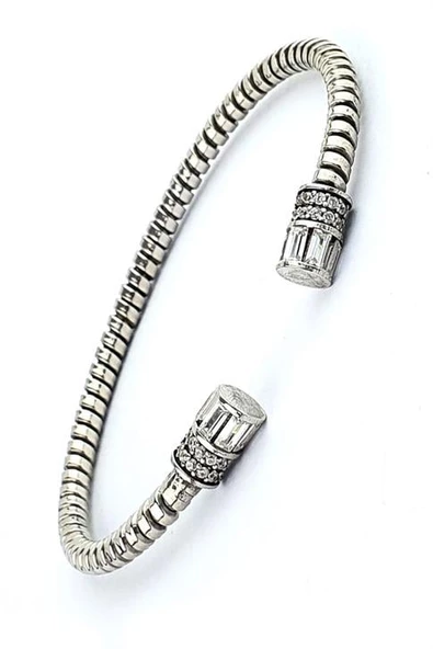 Baget Zirkon Taş Detaylı 925Ayar Gümüş  Ayarlanabilir Trend Kelepçe Bileklik ürün görseli