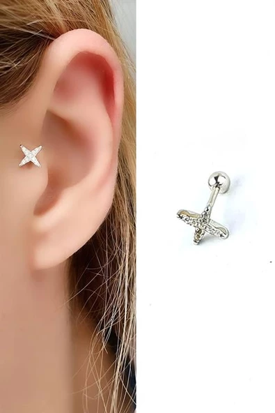 Zirkon Taş Detaylı Yıldız Figürlü 925Ayar Gümüş Tragus Helix Kikirdak Piercing ürün görseli