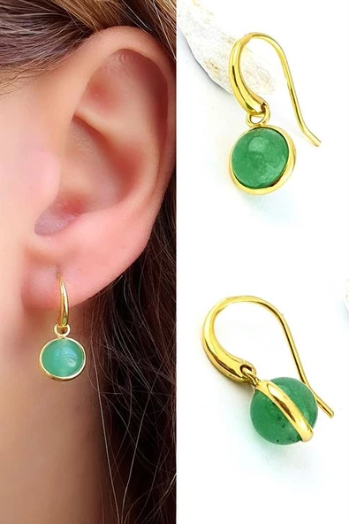 Yeşim Taşlı 925Ayar Gümüş Üzerine Altın Kaplama Sallantılı Top Küpe ürün görseli