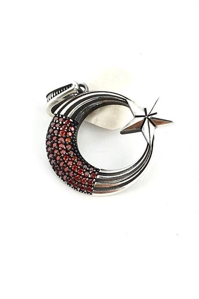 Granat Taşlı 925Ayar Gümüş Ay Yıldız Kolye Ucu ürün görseli