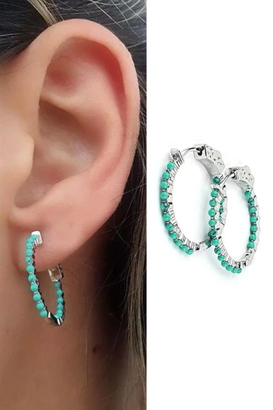 Turkuaz Taşlı İtalyan 925 Ayar Gümüş Trend Halka Küpe ürün görseli