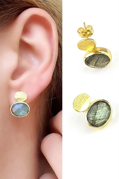 Labrodorite Taşlı 925Ayar Gümüş Üzerine Altın Kaplama Tasarım Doğal Taş Küpe ürün görseli