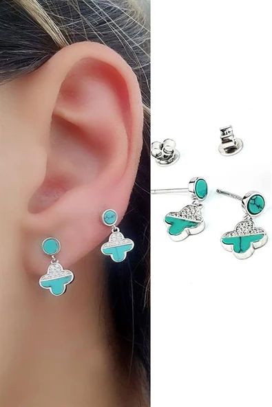 Turkuaz Taşlı İtalyan 925 Ayar Gümüş Minimal Küpe ürün görseli