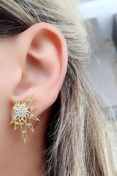 Baget Zirkon Taşlı 925Ayar Gümüş Üzerine Altın Kaplama Luxury Tasarım Kutup Yıldızı Küpe