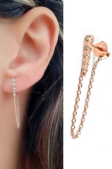 Zirkon Taş Detaylı 925Ayar Gümüş Üzerine Rose Altın Kaplama Zincir Detaylı Tek Küpe ürün görseli