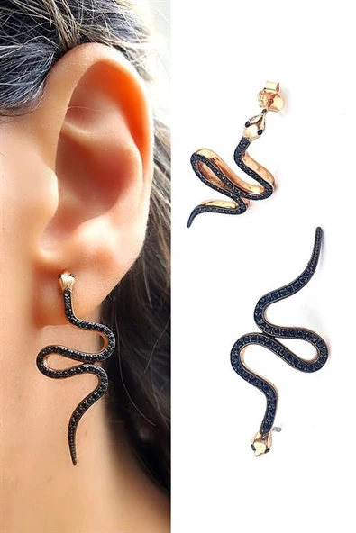 Oniks Taşlı 925Ayar Gümüş Üzerine Rose Altın Kaplama Tasarım Yılan Küpe ürün görseli