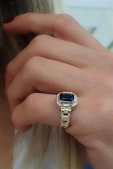 Lacivert Zirkon Taşlı 925Ayar Gümüş Üzerine Altın Kaplama Luxury Tasarım Ayarlanabilir Şovalye Yüzük ürün görseli