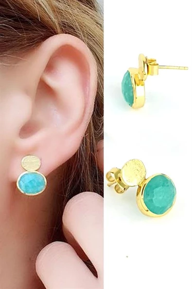 Amazonit Taşlı 925Ayar Gümüş Üzerine Altın Kaplama Tasarım Doğal Taş Küpe ürün görseli