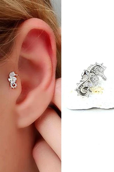 Zirkon Taş Detaylı Deniz Atı Figürlü 925Ayar Gümüş Tragus Helix Kikirdak Piercing ürün görseli