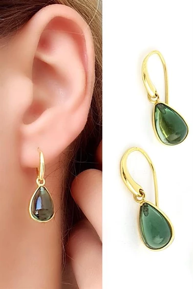 Peridot Taşlı 925Ayar Gümüş Üzerine Altın Kaplama Tasarım Damla Doğal Taş Küpe ürün görseli