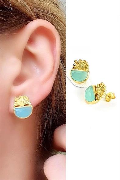 Kalsedon Taşlı 925Ayar Gümüş Üzerine Altın Kaplama Tasarım Doğal Taş Küpe ürün görseli