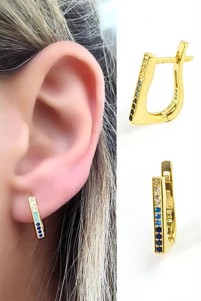 Mavi Geçişli Zirkon Taşlı 925Ayar Gümüş  Üzerine Altın Kaplama Luxury Tasarım Çubuk Halka Küpe ürün görseli