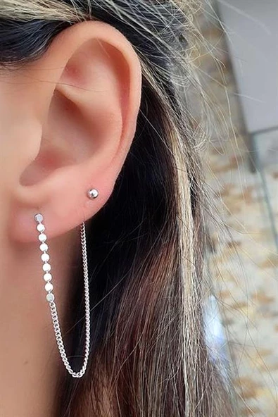 Çift Deliğe Takılan Trend 925 Ayar Gümüş Zincir Küpe ürün görseli