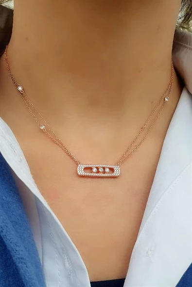 Pırlanta Parlaklığında Zirkon Taşlı İtalyan Tasarımı 925Ayar Gümüş Üzerine Rose Altın Kaplama Taşları Hareketli Kolye ürün görseli