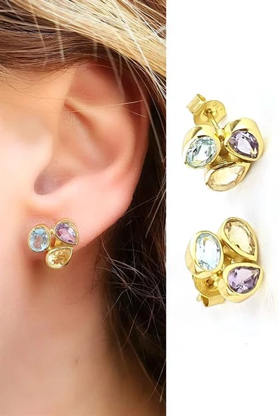 Sitrin Ametist Ve Aquamarin Taşlı 925Ayar Gümüş Üzerine Altın Kaplama Tasarım Doğal Taş Küpe ürün görseli