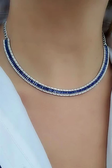 Lacivert Baget Zirkon Taşlı 925Ayar Gümüş Luxury Tasarım Trend Kolye ürün görseli