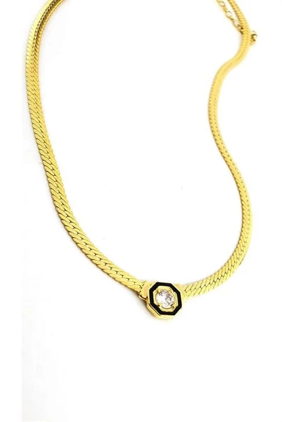 925 Ayar Gümüş Üzerine Altın Kaplama Tek Taş Yassı Zincir Kolye ürün görseli