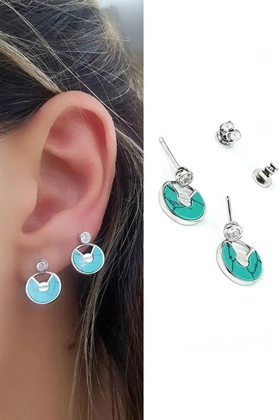 Turkuaz Taşlı İtalyan 925 Ayar Gümüş Minimal Küpe ürün görseli