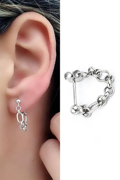 925 Ayar Gümüş Zincir Detaylı Tek Küpe ürün görseli