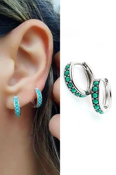 İtalyan Tasarımı 925Ayar Gümüş Turkuaz Taşlı Halka Küpe ürün görseli