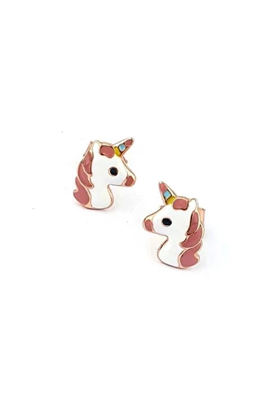 Pembe Mineli 925Ayar Gümüş Rose Unicorn Çocuk Küpesi ürün görseli