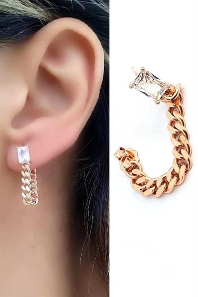 Baget Zirkon Taşlı 925Ayar Gümüş Üzerine Rose Altın Kaplama Zincir Tek Küpe ürün görseli