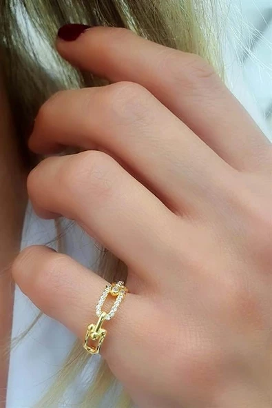 Zirkon Taş Detaylı 925Ayar Gümüş Üzerine Altın Kaplama Luxury Tasarım Trend Yüzük ürün görseli
