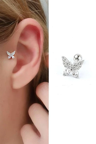 Zirkon Taş Detaylı Kelebek Figürlü 925Ayar Gümüş Tragus Helix Kikirdak Piercing ürün görseli