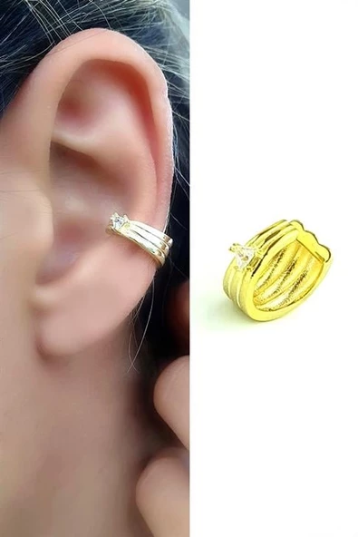 Zirkon Taş Detaylı 925Ayar Gümüş Üzerine Altın Kaplama Luxury Tasarım Trend Sıkıştırmalı Kıkırdak Earcuff Küpe ürün görseli